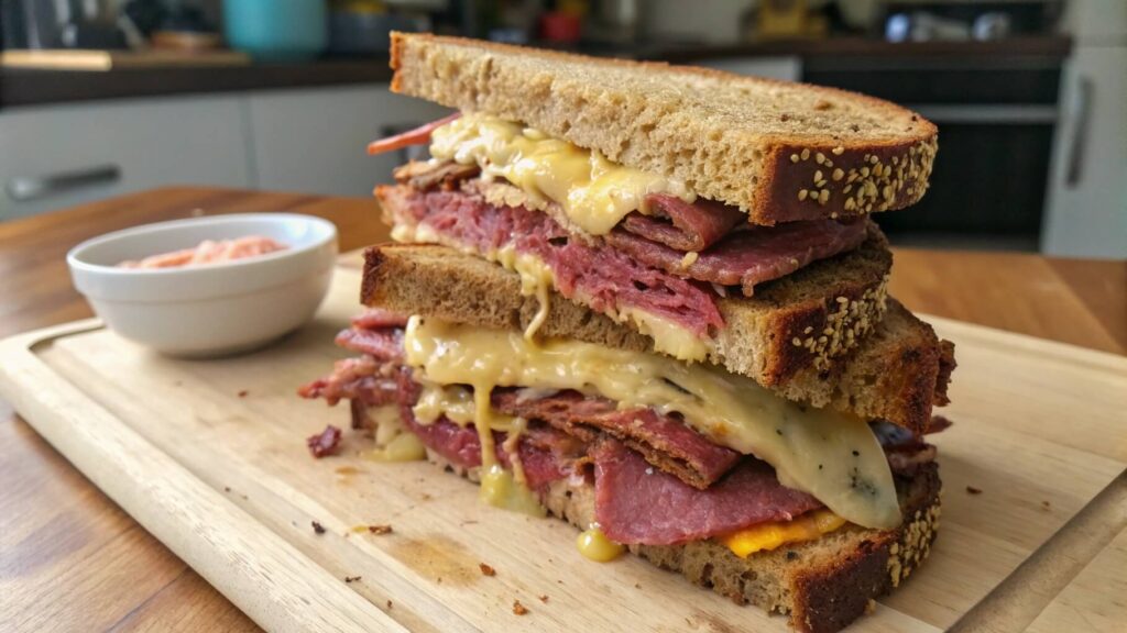 A stacked pastrami sandwich on rye bread with mustard, served with a pickle on the side and a bowl of soup in the background.