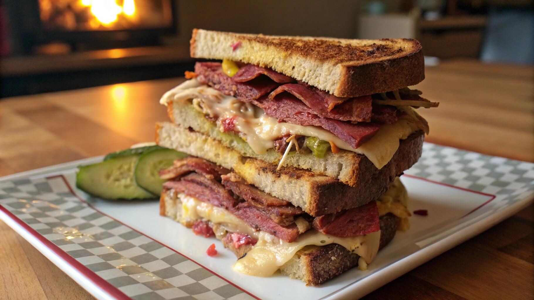 A stacked pastrami sandwich on rye bread with mustard, served with a pickle on the side and a bowl of soup in the background.