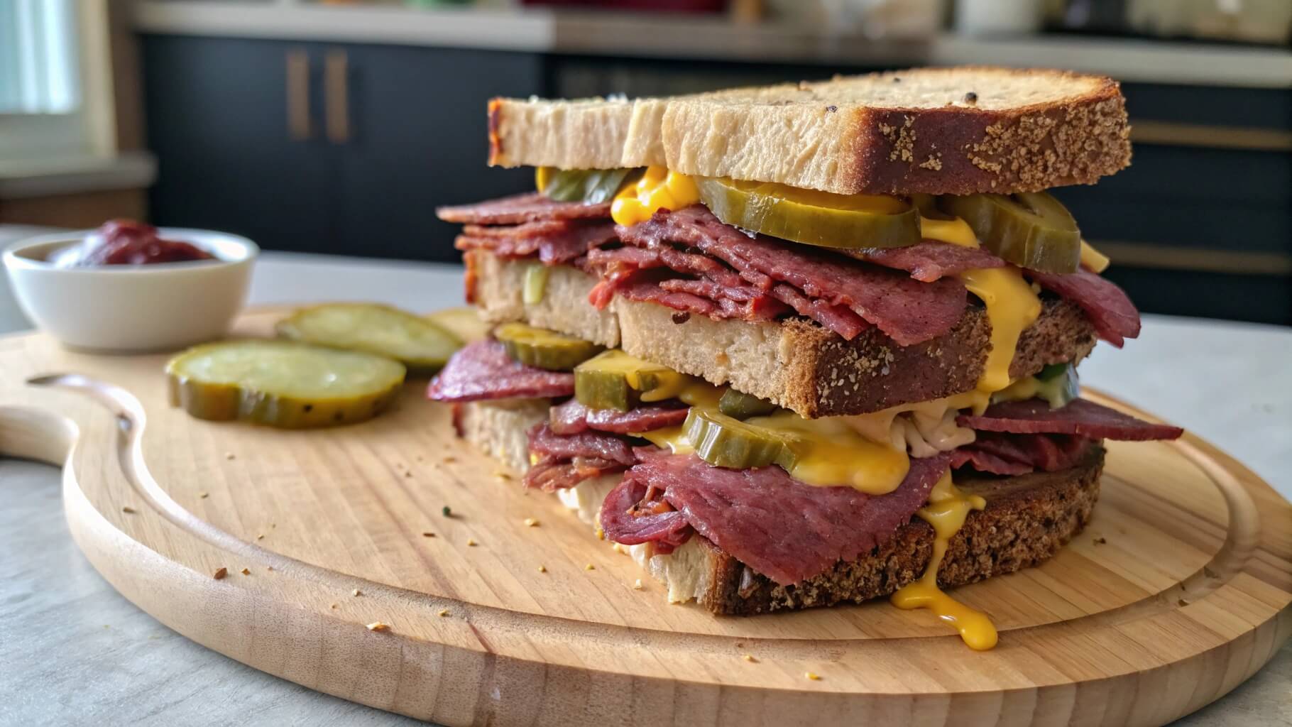 A stacked pastrami sandwich on rye bread with mustard, served with a pickle on the side and a bowl of soup in the background.