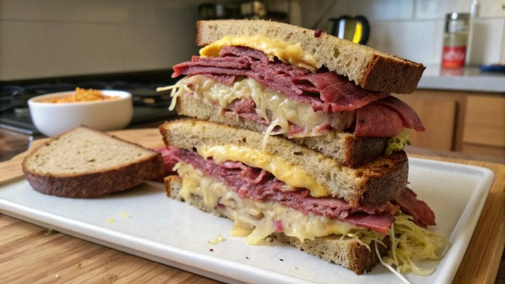 A stacked pastrami sandwich on rye bread with mustard, served with a pickle on the side and a bowl of soup in the background.