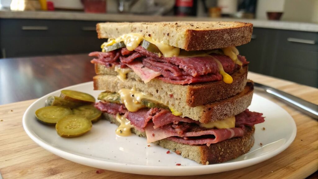 A stacked pastrami sandwich on rye bread with mustard, served with a pickle on the side and a bowl of soup in the background.