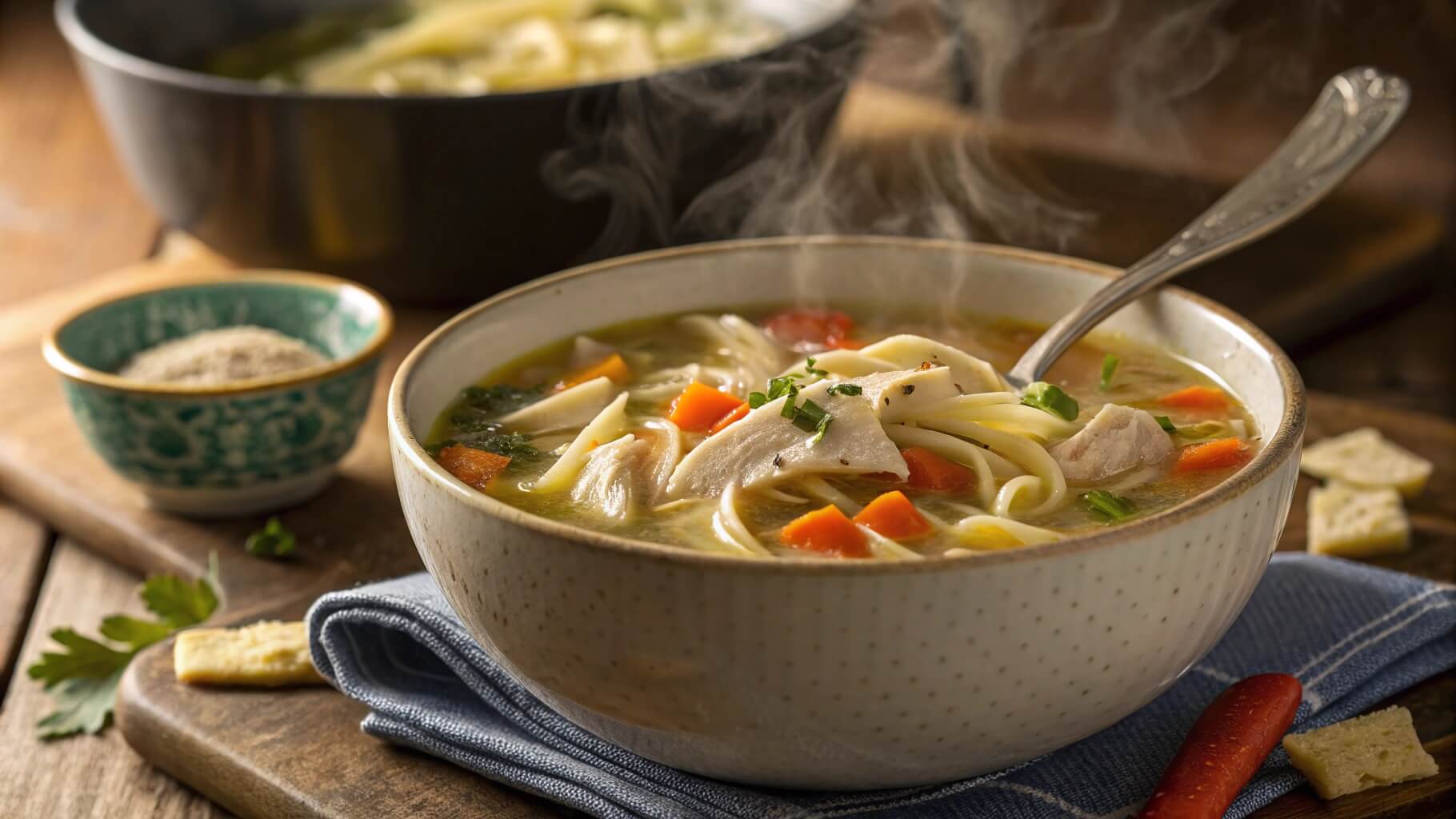 A steaming bowl of homemade chicken noodle soup, filled with tender chicken pieces, noodles, carrots, and garnished with fresh herbs. A spoon rests inside the bowl, placed on a blue napkin on a rustic wooden table.