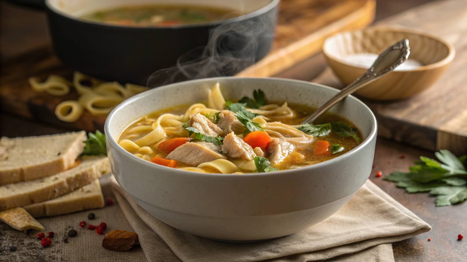 A steaming bowl of homemade chicken noodle soup, filled with tender chicken pieces, noodles, carrots, and garnished with fresh herbs. A spoon rests inside the bowl, placed on a blue napkin on a rustic wooden table.