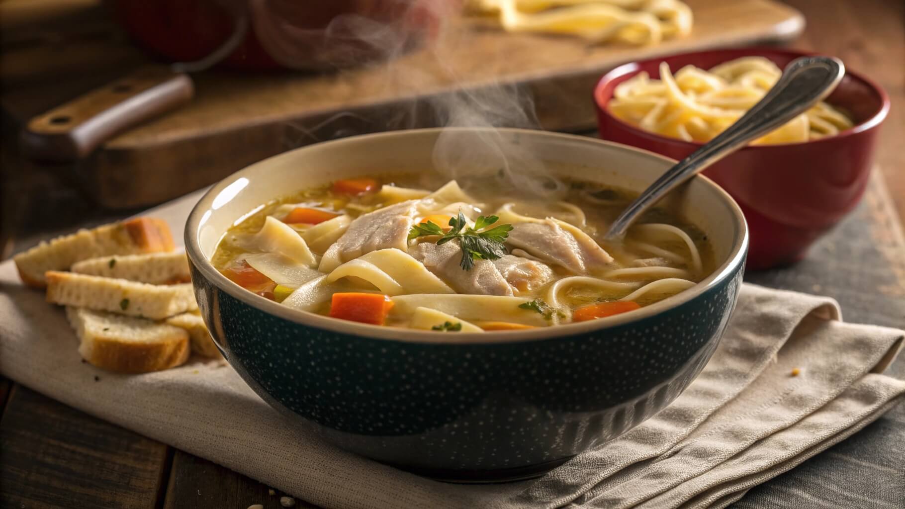 A steaming bowl of homemade chicken noodle soup, filled with tender chicken pieces, noodles, carrots, and garnished with fresh herbs. A spoon rests inside the bowl, placed on a blue napkin on a rustic wooden table.