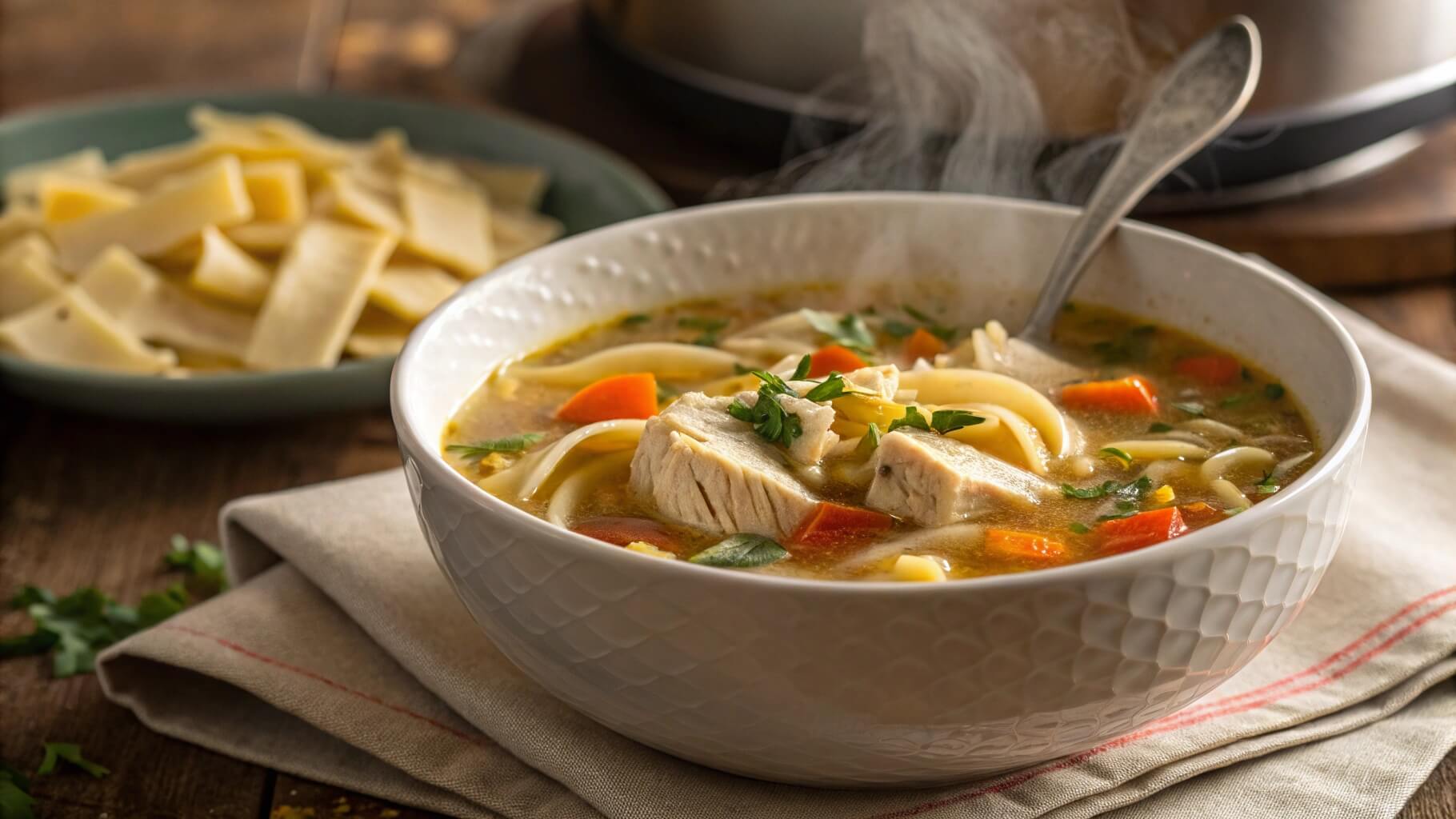 A steaming bowl of homemade chicken noodle soup, filled with tender chicken pieces, noodles, carrots, and garnished with fresh herbs. A spoon rests inside the bowl, placed on a blue napkin on a rustic wooden table.