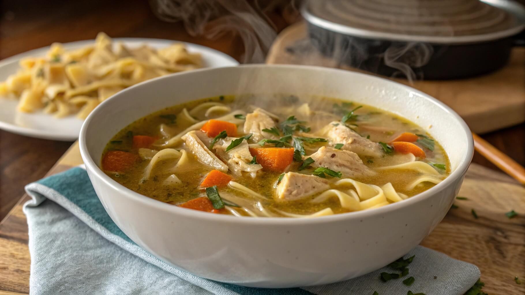 A steaming bowl of homemade chicken noodle soup, filled with tender chicken pieces, noodles, carrots, and garnished with fresh herbs. A spoon rests inside the bowl, placed on a blue napkin on a rustic wooden table.
