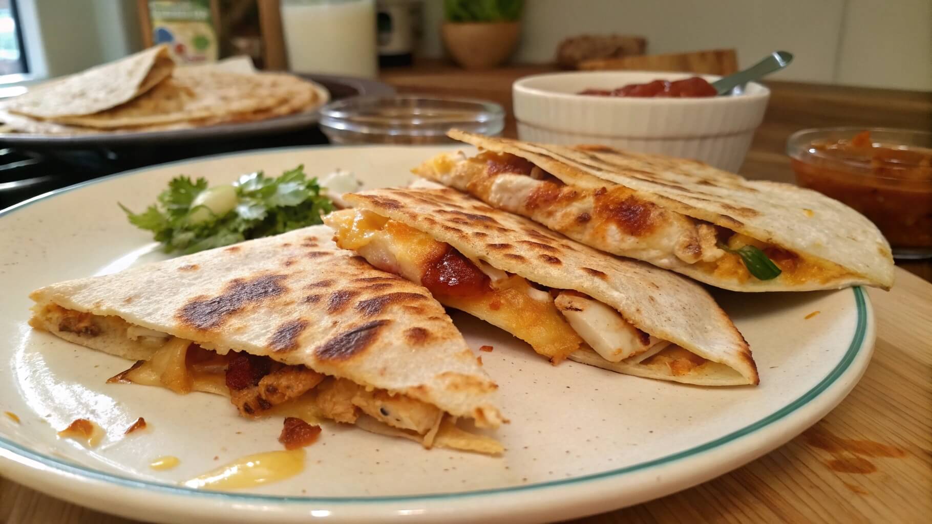 A plate of golden-brown chicken quesadilla wedges filled with melted cheese, served with fresh tomato salsa, creamy dip, and garnished with parsley.