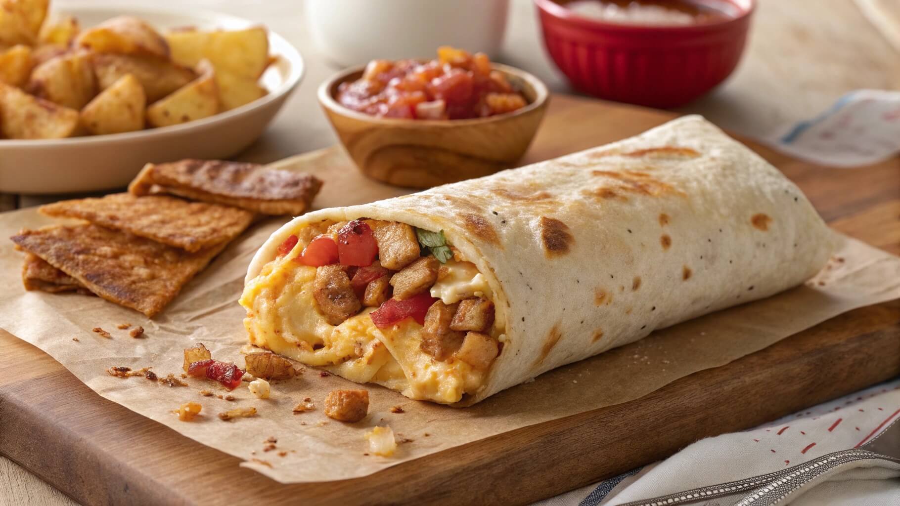 A close-up of a steaming breakfast burrito filled with scrambled eggs, sausage, melted cheese, and diced red peppers, placed on a wooden cutting board with parchment paper. A small bowl of salsa and a cup of coffee are in the blurred background.
