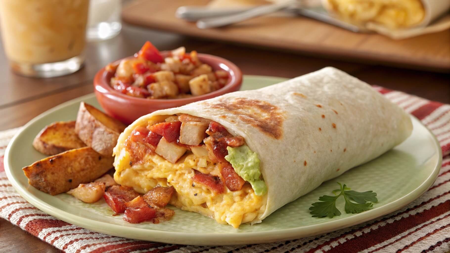 A close-up of a steaming breakfast burrito filled with scrambled eggs, sausage, melted cheese, and diced red peppers, placed on a wooden cutting board with parchment paper. A small bowl of salsa and a cup of coffee are in the blurred background.