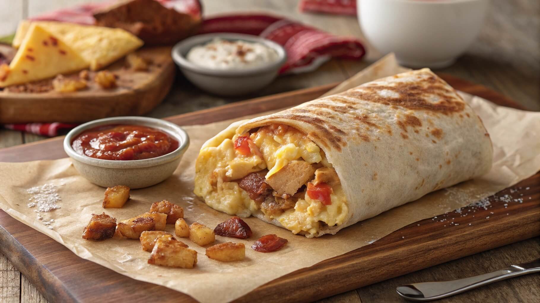 A close-up of a steaming breakfast burrito filled with scrambled eggs, sausage, melted cheese, and diced red peppers, placed on a wooden cutting board with parchment paper. A small bowl of salsa and a cup of coffee are in the blurred background.