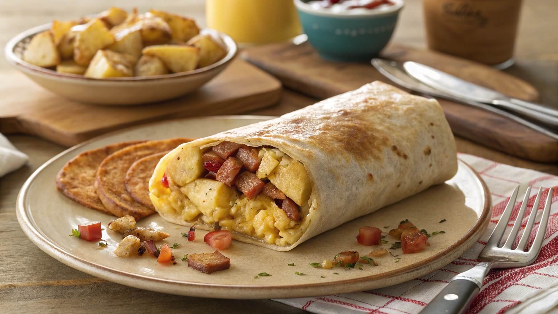 A close-up of a steaming breakfast burrito filled with scrambled eggs, sausage, melted cheese, and diced red peppers, placed on a wooden cutting board with parchment paper. A small bowl of salsa and a cup of coffee are in the blurred background.