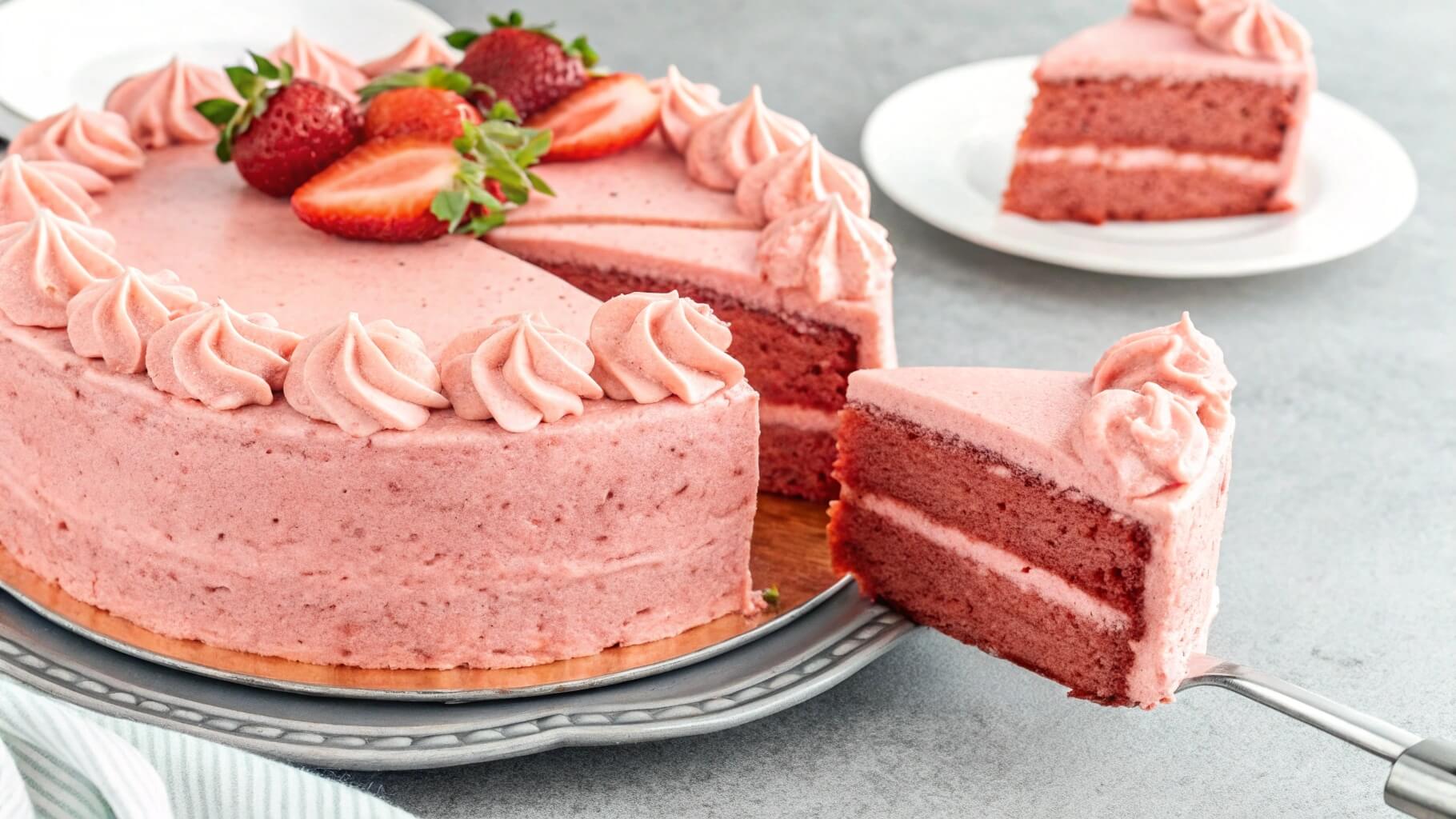 Strawberry-Layer-Cake-with-Fresh-Strawberry-Frosting A pink strawberry layer cake with creamy strawberry frosting, topped with fresh halved strawberries, displayed on a white plate. A slice is cut out, revealing the moist layers inside.