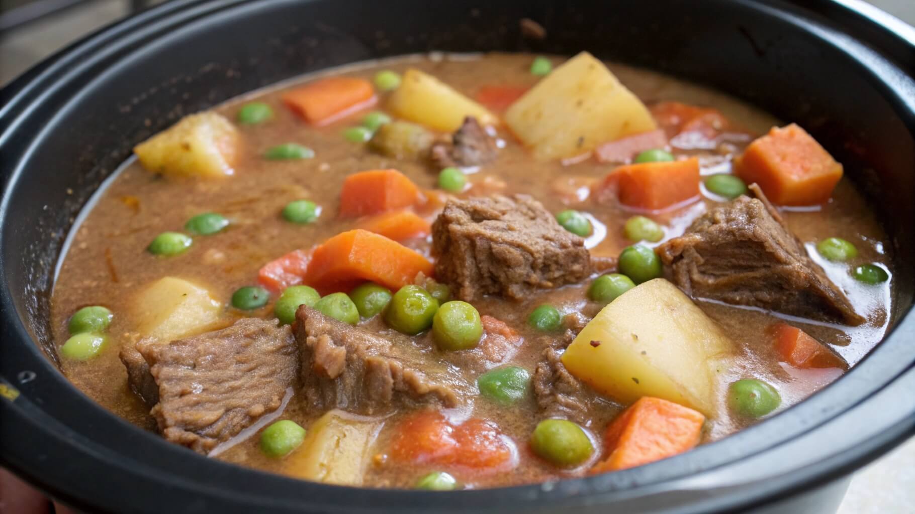 A close-up of a bowl of homemade beef stew with chunks of beef, potatoes, and carrots in a rich, seasoned broth.