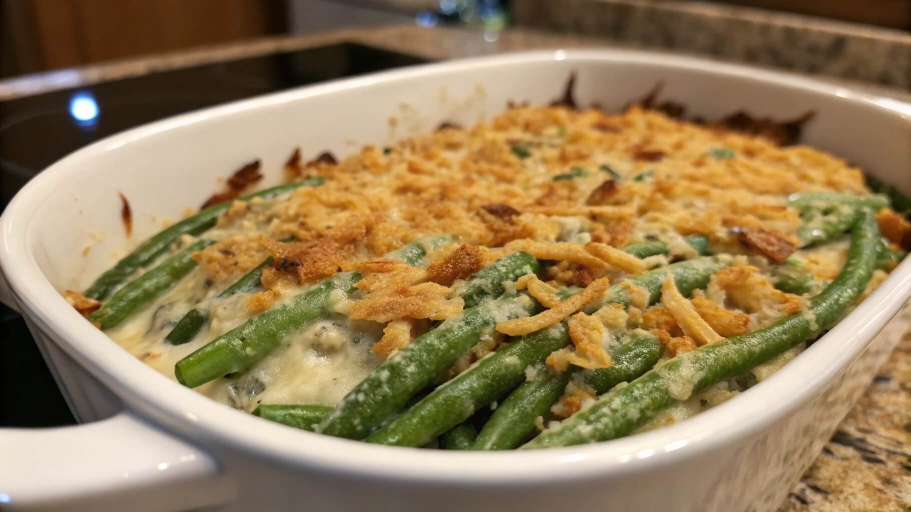 A close-up of a freshly baked green bean casserole in a white baking dish, topped with crispy fried onions and a creamy sauce.