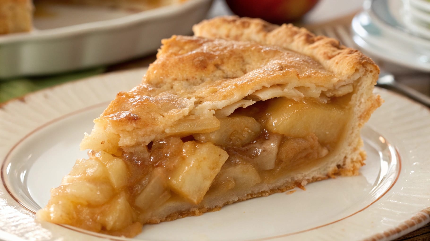 A close-up of a slice of golden-brown apple pie with a flaky crust and a warm, gooey apple filling served on a white plate.