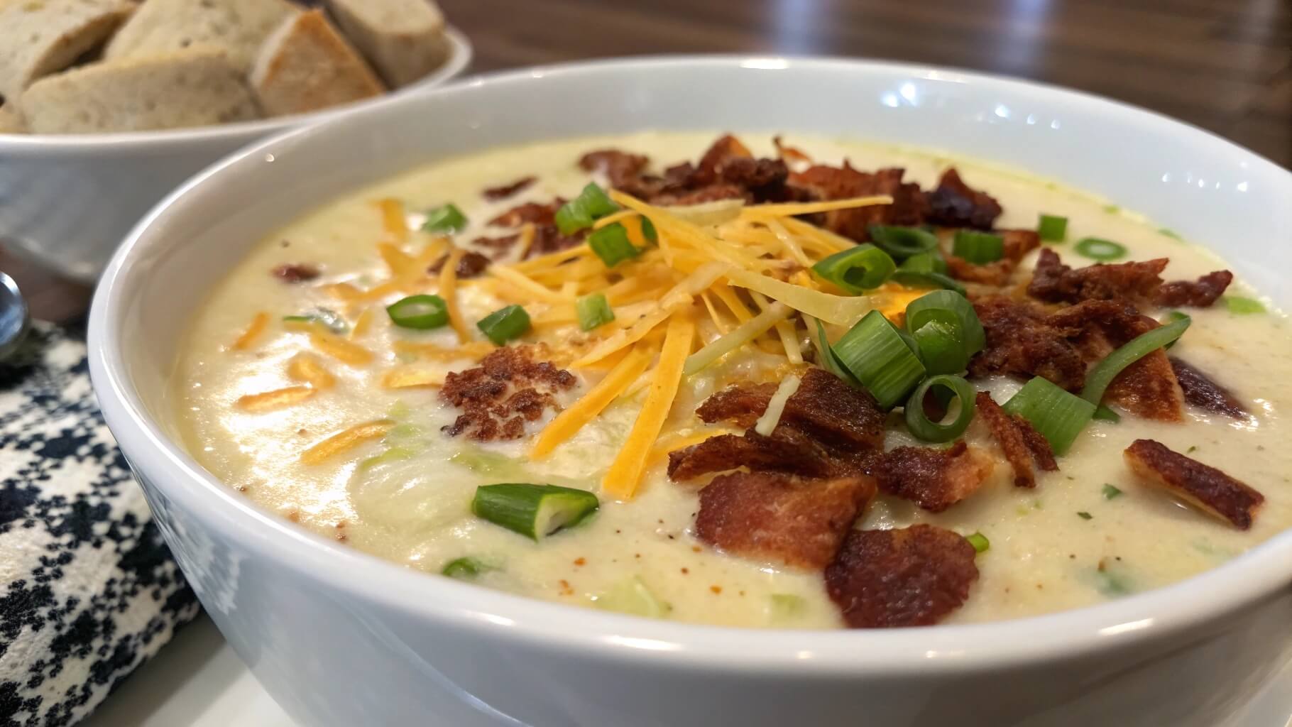 A close-up of a bowl of creamy potato soup garnished with shredded cheddar cheese, and freshly chopped green onions. In the background, there is a bowl of sliced bread.